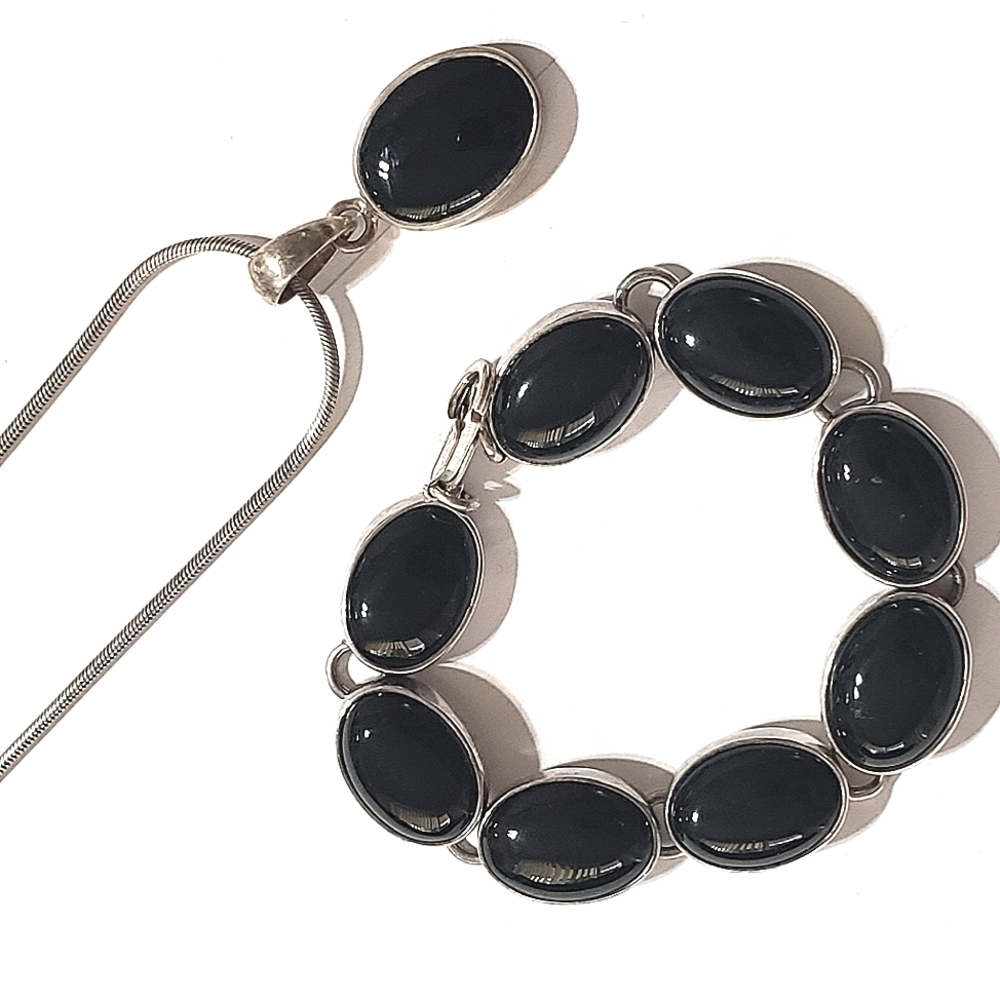 925 Silver Black Onyx Necklace and Bracelet